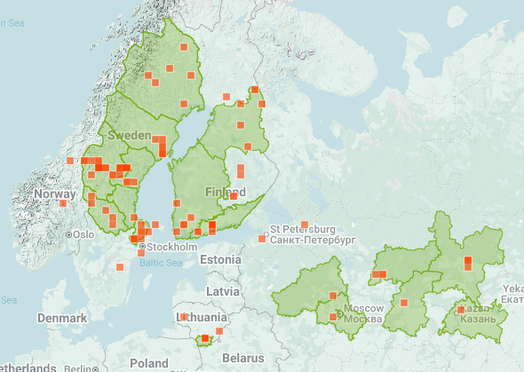 Map of Phellinus chrysoloma's range in northern Europe.